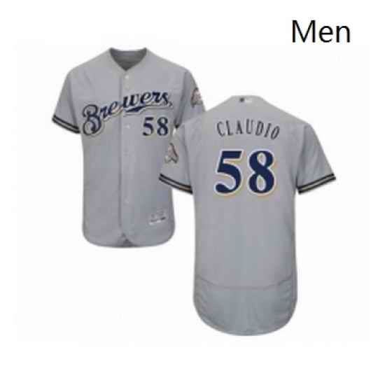 Mens Milwaukee Brewers 58 Alex Claudio Grey Road Flex Base Authentic Collection Baseball Jersey